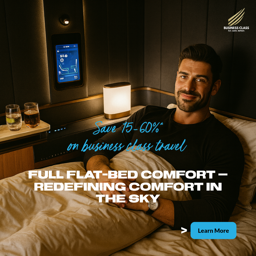 Business-Class.in: Full flat-bed comfort. Promotional savings of 15–60% on business class travel; terms apply.